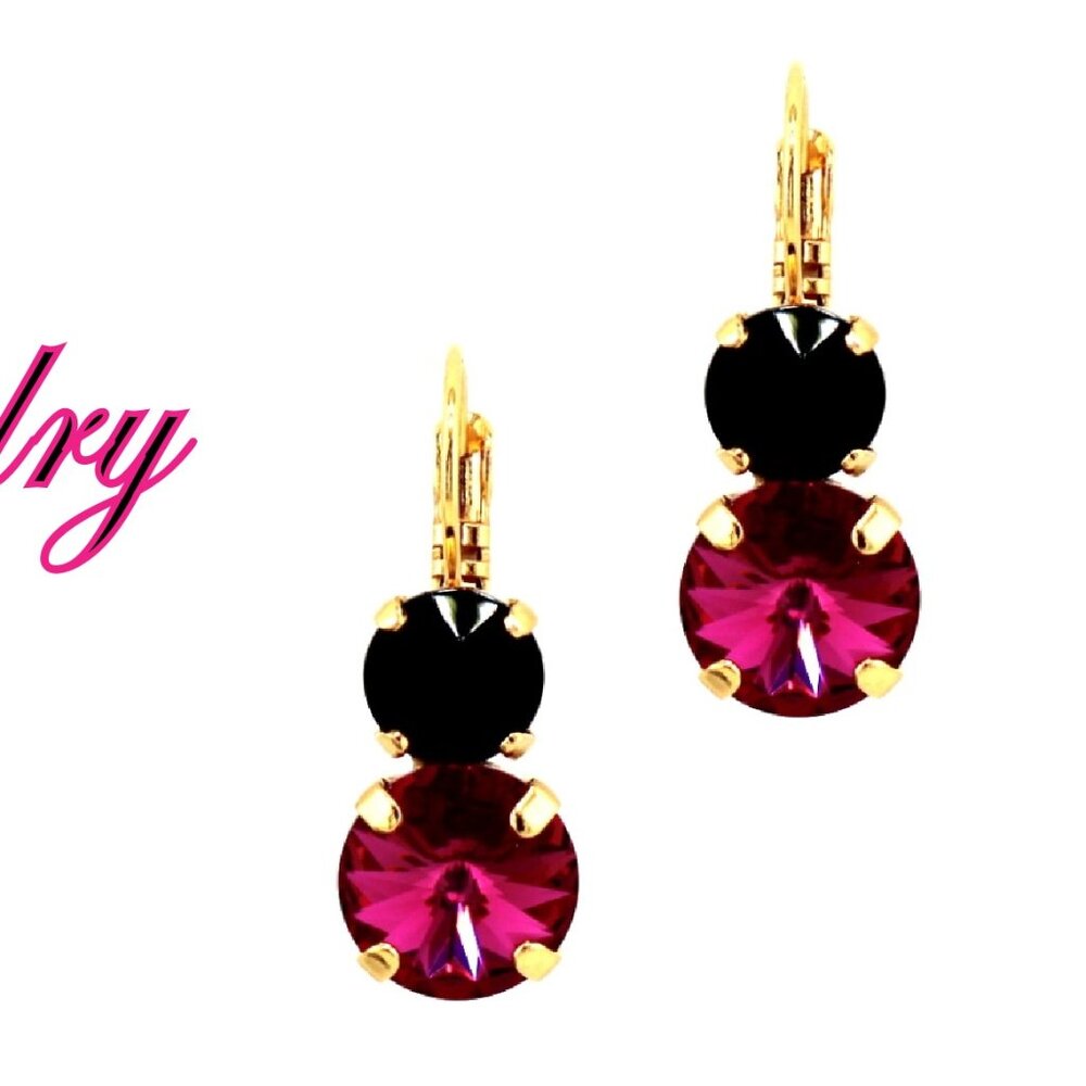 Fuchsia and Jet Black Crystal Earrings in Gold Plated Lever Back Settings